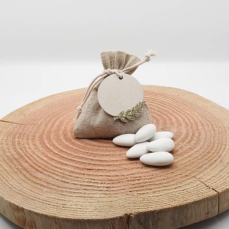 Étiquette ronde en bois avec feuille dorée à paillettes